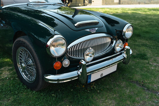 Berlin, Germany - May 3, 2026. Austin Healey 3000 Mk III front detail at car show.