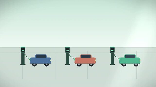 Electric cars charging at multiple stalls on a charger station, clean energy future, transportation technology, sustainable mobility concept, ecological transport