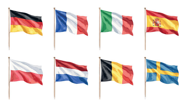 European Union flags collection watercolor illustration on white