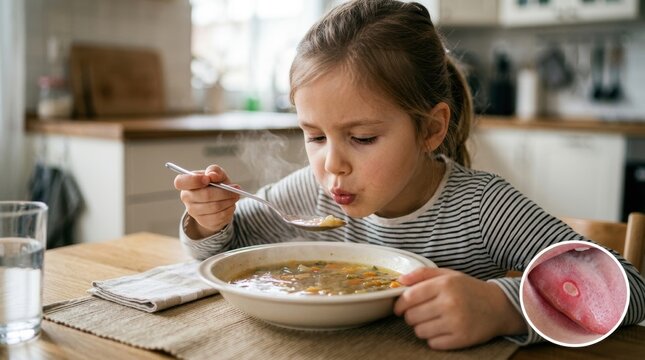 Child blows on hot soup to cool it down before eating, showing a sore on tongue