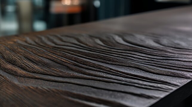 Close up of dark oak surface with naturally flowing wood grain texture in warm interior lighting