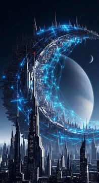 Blue glowing energy network over futuristic city skyline.