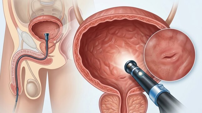 Medical illustration shows cystoscopy procedure examining the bladder and urethra
