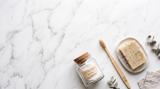 Eco friendly zero waste bathroom products on white marble background
