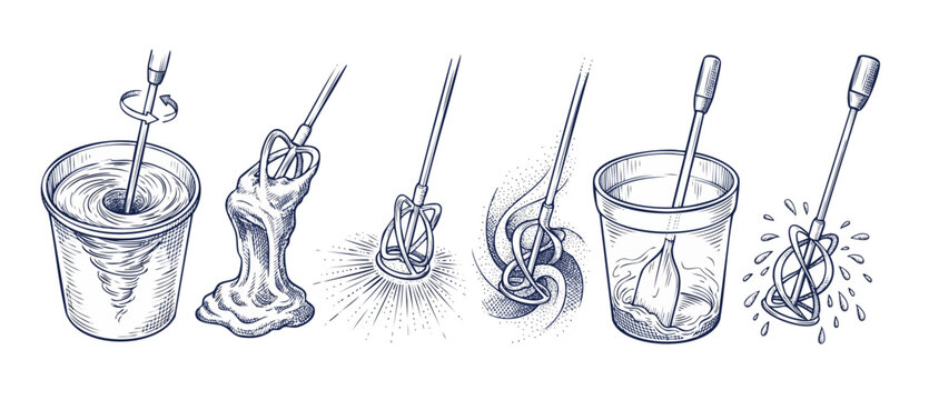 Paint mixer drill paddle sketch illustrations showing cement mixing process and swirling epoxy resin liquid in buckets for construction tool icons, DIY renovator concept, and industrial engravings.