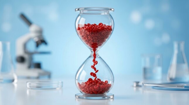 Hourglass filled with red blood cells symbolizing time in medical research