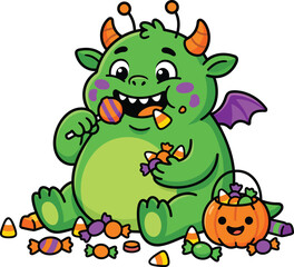 Fototapeta premium Friendly Green Monster Eating Candy Halloween Cartoon 2D Flat Vector