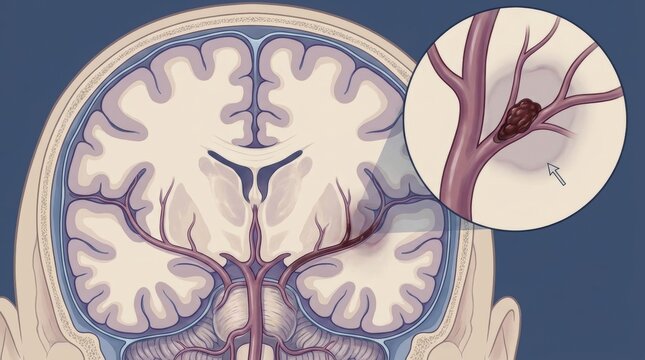 Close-up view of a brain aneurysm within a coronal section of the human brain