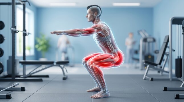 Anatomical illustration of a man performing a squat with highlighted muscles in a gym