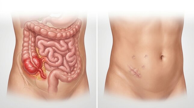 Illustration showing an inflamed appendix before and after laparoscopic surgery