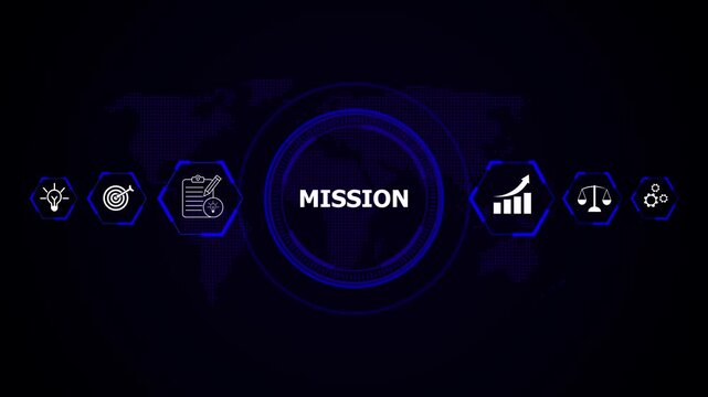 Futuristic digital interface displaying mission objectives with icons for idea target planning, Mission and strategic goal concept, Futuristic digital vision and corporate innovation.
