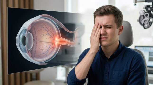 Man experiencing eye pain and discomfort during an ophthalmology exam