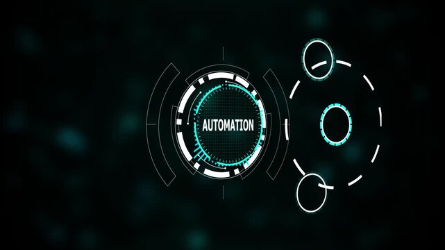 Futuristic hud interface with the word automation displayed in a digital circle with glowing blue, Futuristic interface automation concept, Digital network and machine intelligence design.