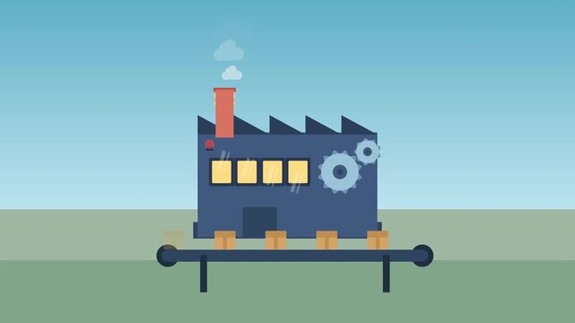 Factory building cartoon vector icons with conveyor belt and boxes, industrial production line, smoke from chimney