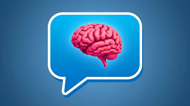 Pink brain inside white speech bubble icon.