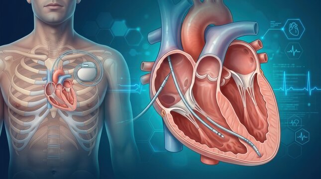 Human heart with pacemaker and internal view of cardiac leads and valves
