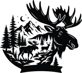 Fototapeta premium Majestic moose head in wild mountain forest nature scene vector design