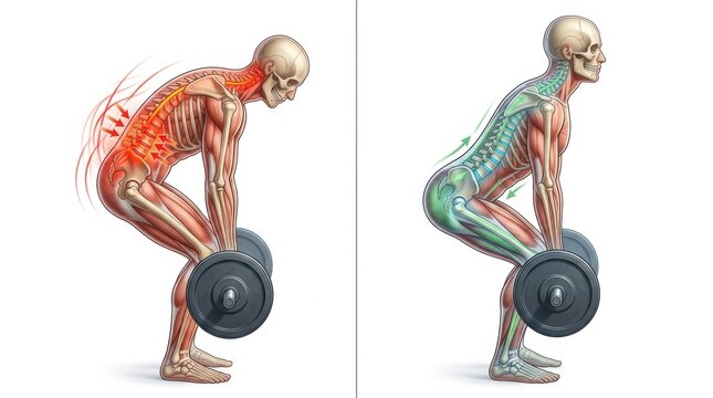 Correct vs Incorrect Posture for Deadlift Exercise Demonstrating Spinal Health