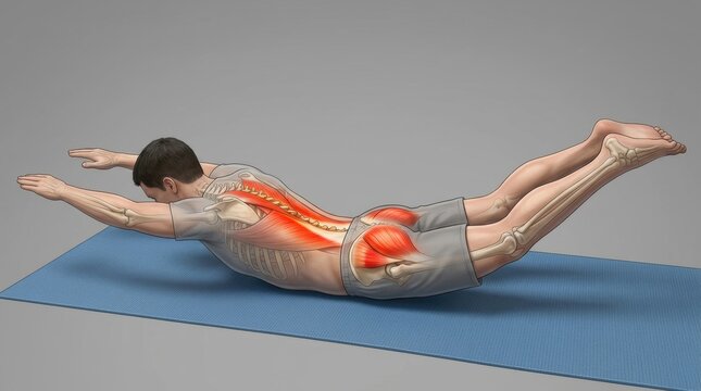 Anatomical illustration of a man performing a Superman exercise to strengthen back muscles