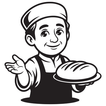 Cute baker holding fresh bread loaf vector mascot logo