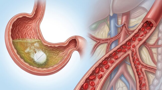 Digestive tablet dissolving in stomach acid, impacting bloodstream circulation