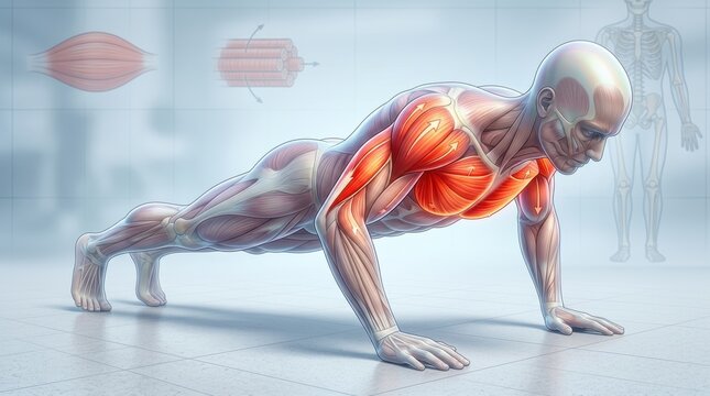 Detailed anatomical illustration of human muscles during a push-up exercise