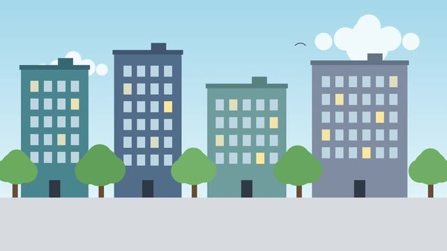 Four cartoon office buildings and trees with pixelated clouds in a looping animation for urban cityscapes
