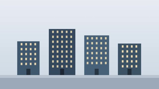 Row of four modern office buildings with illuminated windows, urban cityscape, architectural design, business concepts