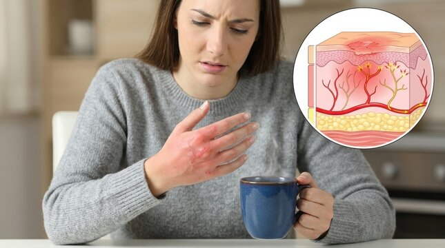 Woman with inflamed hand and skin cross-section showing inflammation and blood vessels