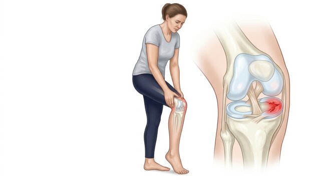 Woman experiencing sharp knee pain with anatomical illustration of joint injury