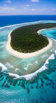 Aerial view of a tropical island with a lagoon.