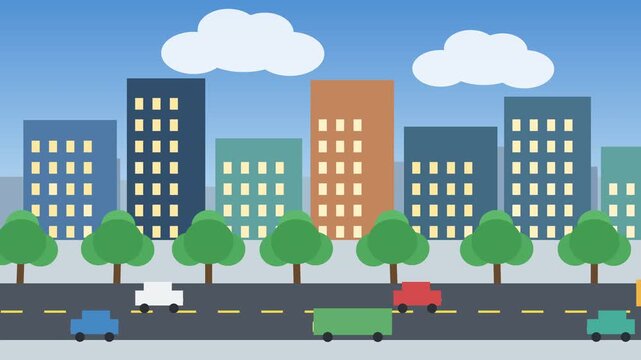 Flat vector urban landscape with city buildings, green trees, and cars on a road, cityscape scene