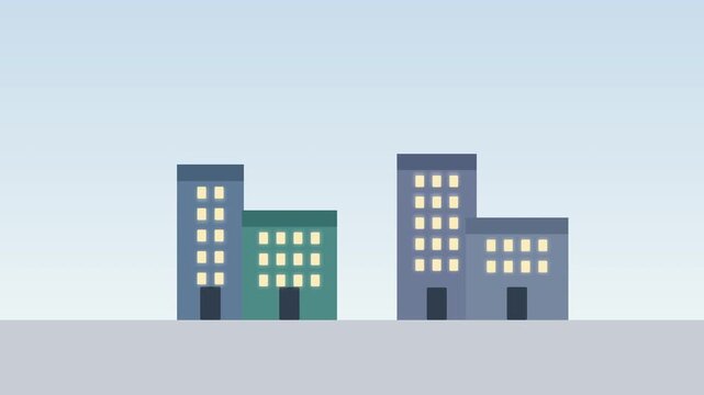 Cartoon style vector icons of four office buildings with lit windows, urban cityscape element, city development