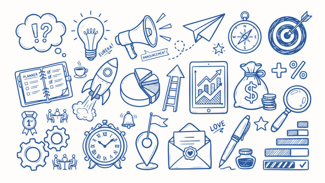 Business productivity doodles idea announcement charts and success illustration