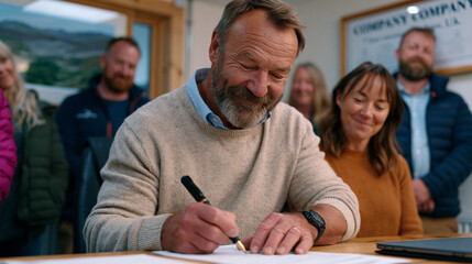 Fototapeta premium Employee ownership trust transition meeting where outgoing founder signs documentation alongside new worker trustees in a quiet legal office, framed company history on wall, colleagues watching with