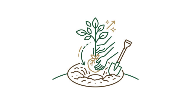 Tree planting icon with sapling hands and shovel.