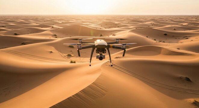 Advanced drone captures breathtaking aerial views of expansive desert dunes under a warm sun.