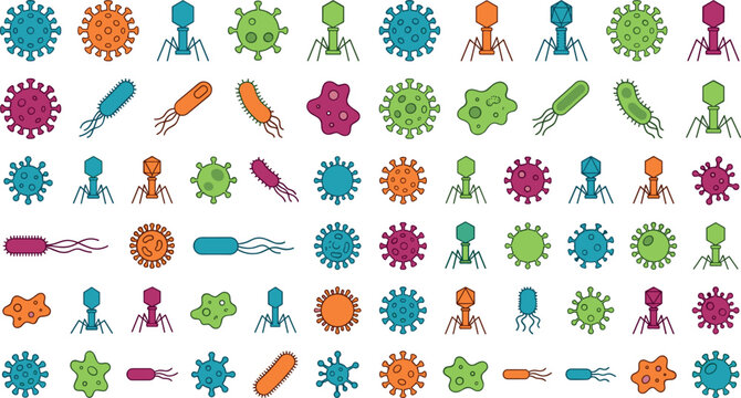 Bacteria and Virus Microorganism Vector Icon Set with Bacteriophage and Germ Symbols for Medical Infographics, Science Education Books, Healthcare Apps, and Lab Designs