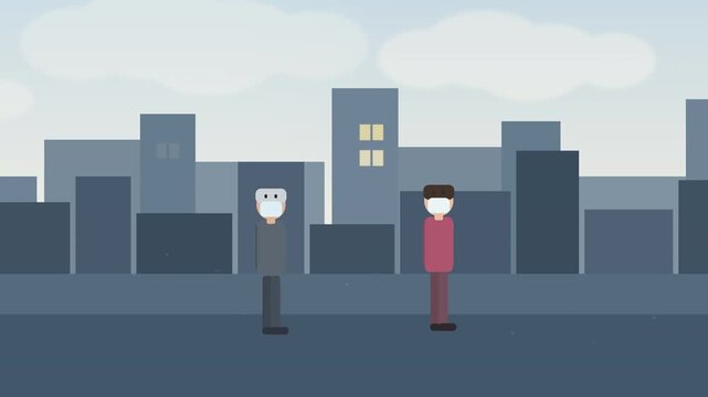 People wear protective face masks in a pixelated city, preventing virus, disease, flu, and air pollution