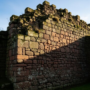 Ancient stone castle wall with ivy and weathered bricks.