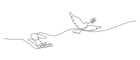 Fototapeta premium one line drawing continuous of hand releasing dove flying peace day and freedom concept