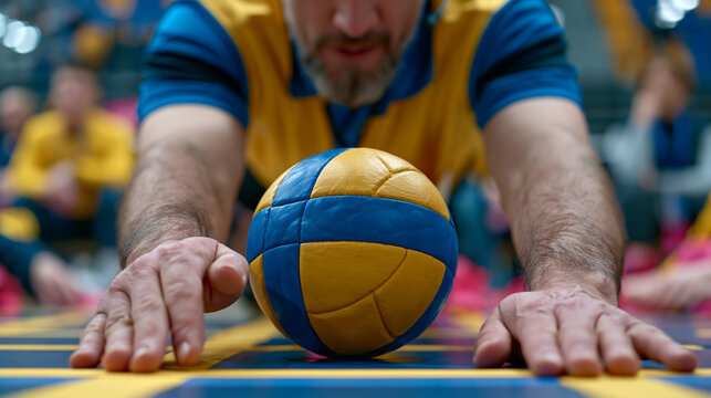 Goalball referee placing ball at throwing line during championship timeout while visually impaired athletes reposition tactile tape guides on mat surface with hands, coaches signaling final defensiv