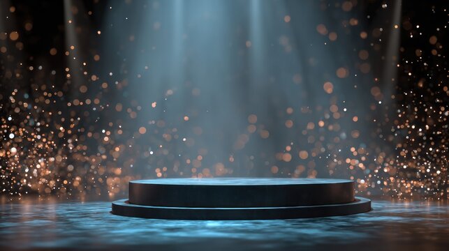Empty stage podium with falling gold particles and spotlight