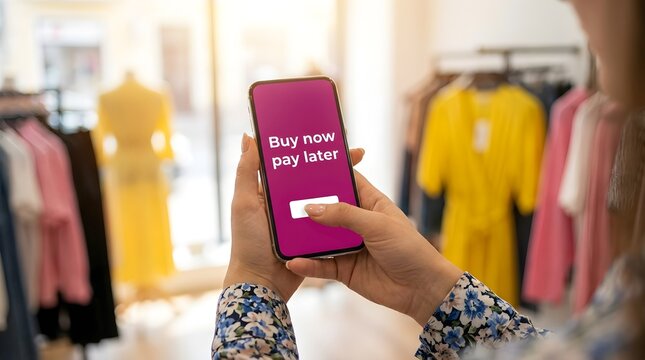 Person holding a smartphone displaying buy now pay later text while shopping inside a clothing store with bright soft lighting