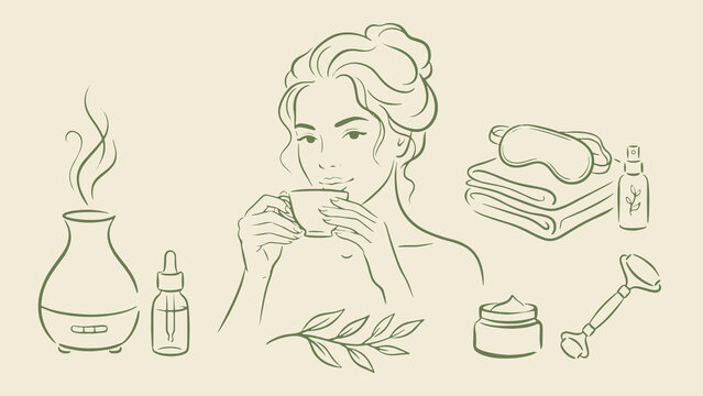 Minimalist line art portrait drinking tea surrounded by wellness items diffuser dropper cream roller spray towel and mask in serene composition
