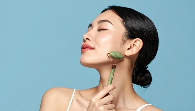 美顔ローラーでスキンケアルーティンを楽しむ日本人女性のビューティーポートレート（コピースペースあり）, Japanese Woman Facial Roller Beauty Device Skincare Routine Portrait Copy Space