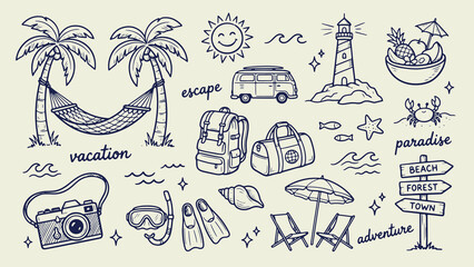 Hand‑drawn travel and vacation doodles with palm trees hammock van lighthouse fruit crab camera snorkeling gear backpacks seashells beach chairs umbrella and sign in playful composition © Abdul Waheed Studio