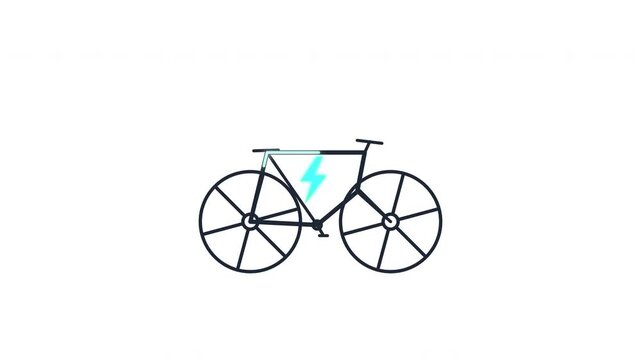 Isolated electric city bike line silhouette with bright cyan lightning bolt symbol, motion graphic icon