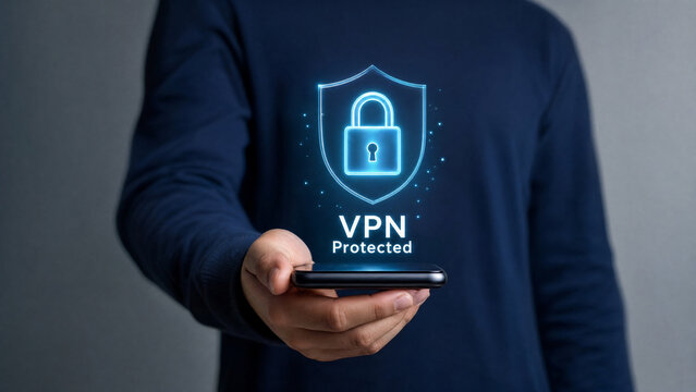 VPN protection concept with secure network encryption and digital cybersecurity shield