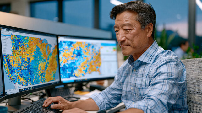 Public health researcher mapping default enrollment policy outcomes across regional health data sets on dual monitors in a quiet office, nudge intervention effectiveness analysis, evening light fadi